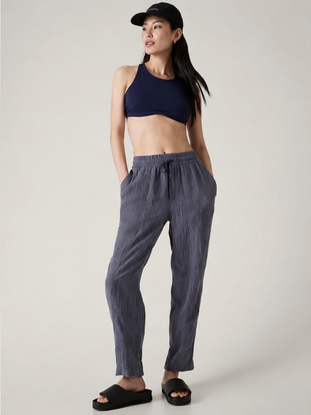 Athleta Retreat 100% Linen Ankle Pants Blue #851027 Size Large Drawstring Waist